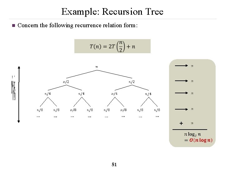 Example: Recursion Tree n Concern the following recurrence relation form: + 51 