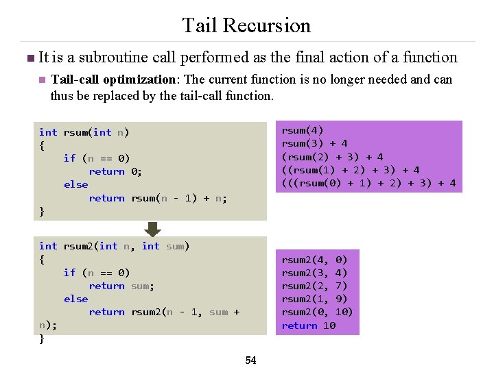Tail Recursion n It is a subroutine call performed as the final action of