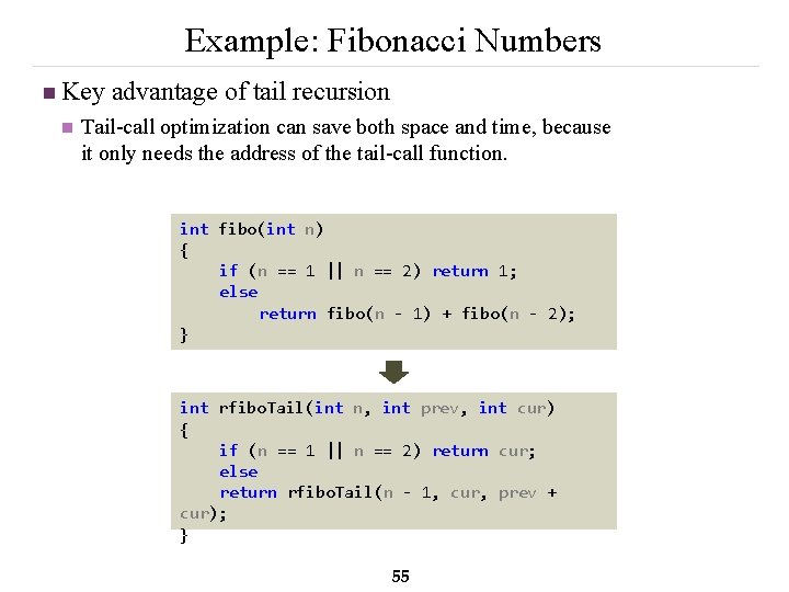 Example: Fibonacci Numbers n Key advantage of tail recursion n Tail-call optimization can save