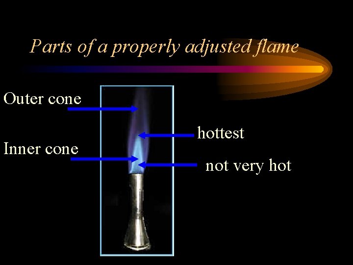 Parts of a properly adjusted flame Outer cone Inner cone hottest not very hot
