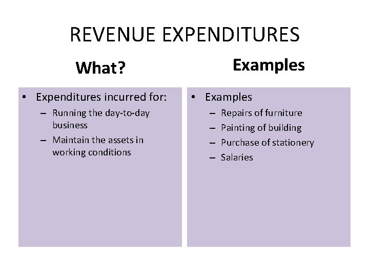 REVENUE EXPENDITURES Examples What? • Expenditures incurred for: – Running the day-to-day business –