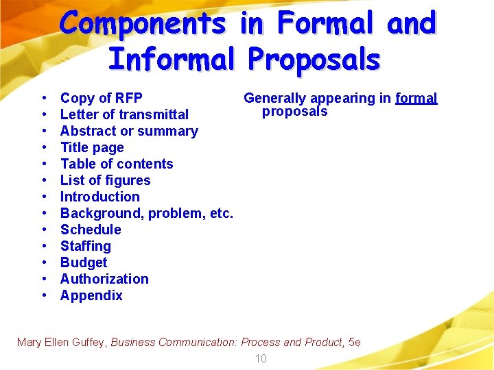 Components in Formal and Informal Proposals • • • • Copy of RFP Generally