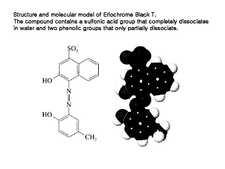 Structure and molecular model of Eriochrome Black T. The compound contains a sulfonic acid Structure and molecular model of Eriochrome Black T. The compound contains a sulfonic acid