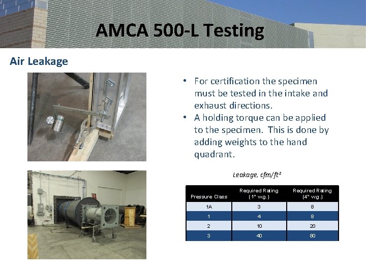 AMCA 500 -L Testing Air Leakage • For certification the specimen must be tested