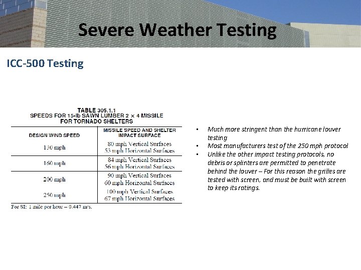 Severe Weather Testing ICC-500 Testing • • • Much more stringent than the hurricane