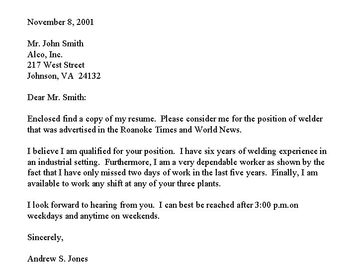 November 8, 2001 Mr. John Smith Alco, Inc. 217 West Street Johnson, VA 24132