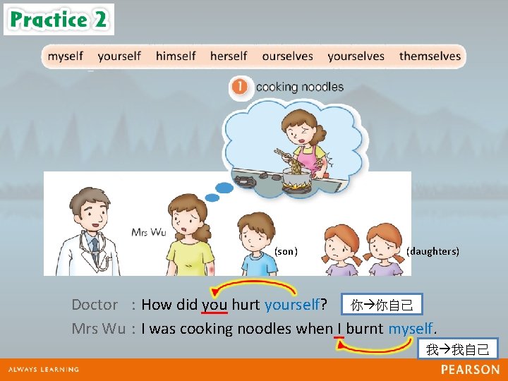 (son) (daughters) Doctor : How did you hurt yourself? 你 你自己 Mrs Wu :