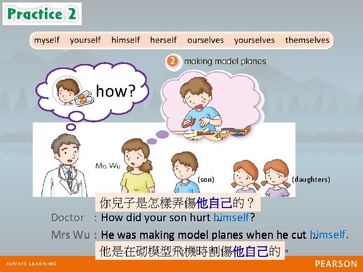 how? (son) (daughters) 你兒子是怎樣弄傷他自己的？ Doctor : How did your son hurt … himself? himself.