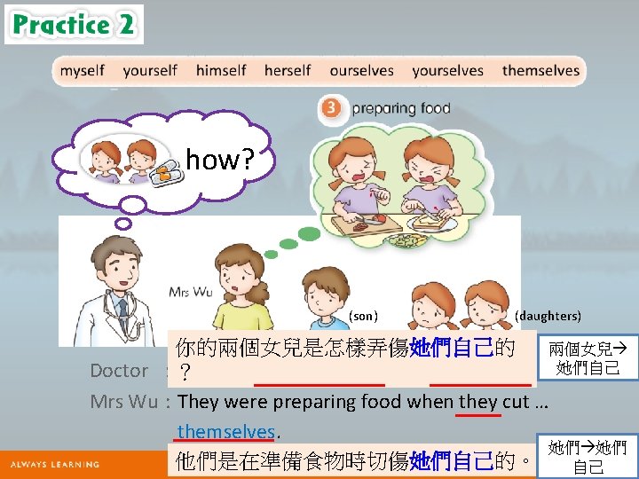 how? (son) (daughters) 兩個女兒 你的兩個女兒是怎樣弄傷她們自己的 Doctor : ？ How did your daughters hurt …