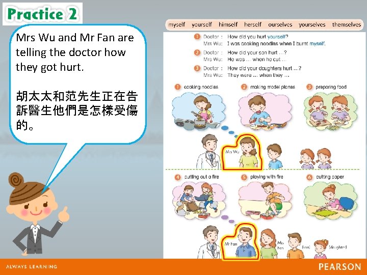 Mrs Wu and Mr Fan are telling the doctor how they got hurt. 胡太太和范先生正在告