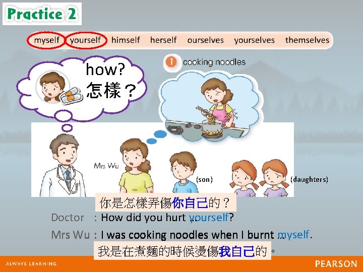 how? 怎樣？ (son) (daughters) 你是怎樣弄傷你自己的？ Doctor : How did you hurt … yourself? myself.