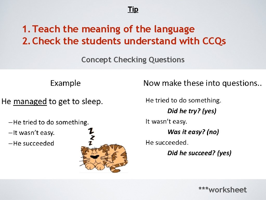 Tip 1. Teach the meaning of the language 2. Check the students understand with