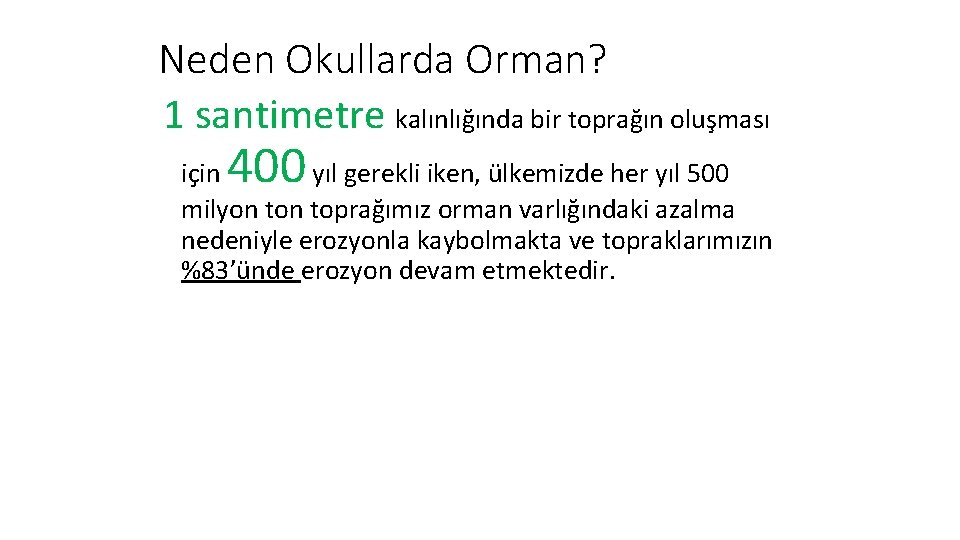 Neden Okullarda Orman? 1 santimetre kalınlığında bir toprağın oluşması 400 için yıl gerekli iken,