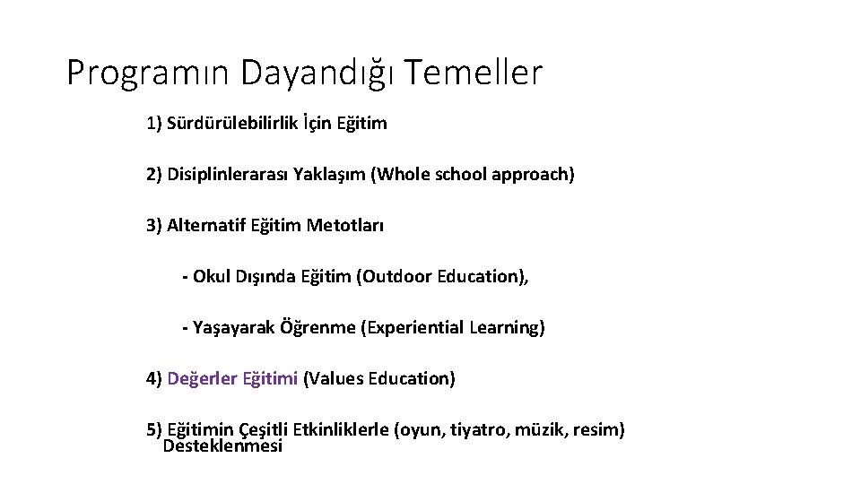 Programın Dayandığı Temeller 1) Sürdürülebilirlik İçin Eğitim 2) Disiplinlerarası Yaklaşım (Whole school approach) 3)