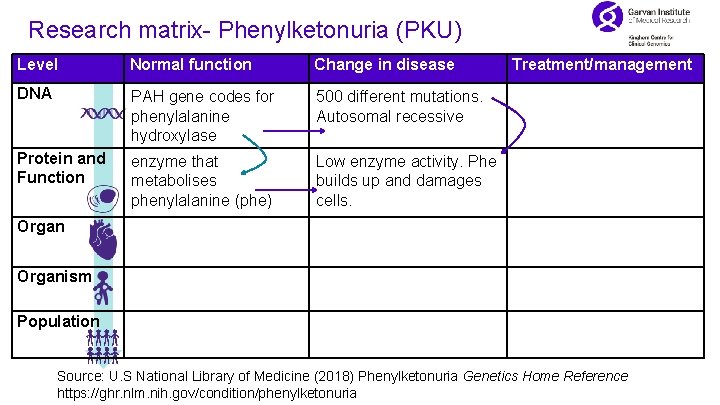 Research matrix- Phenylketonuria (PKU) Level Normal function Change in disease DNA PAH gene codes