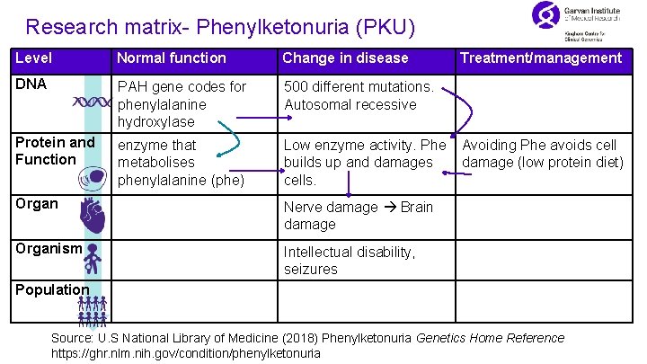 Research matrix- Phenylketonuria (PKU) Level Normal function Change in disease DNA PAH gene codes