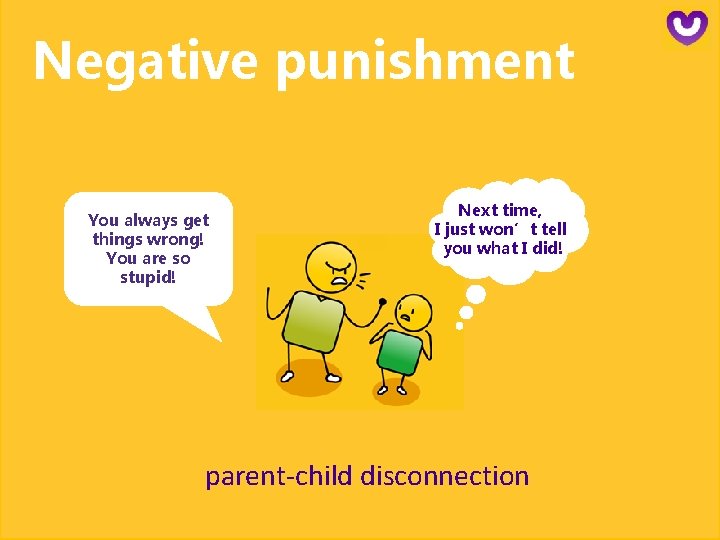 Negative punishment You always get things wrong! You are so stupid! Next time, I