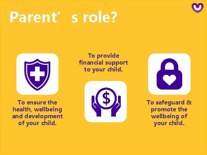Parent’s role? To provide financial support to your child. To ensure the health, wellbeing