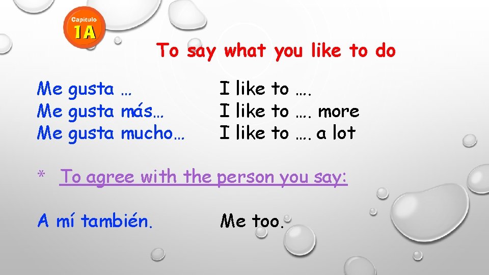 To say what you like to do Me gusta … Me gusta más… Me