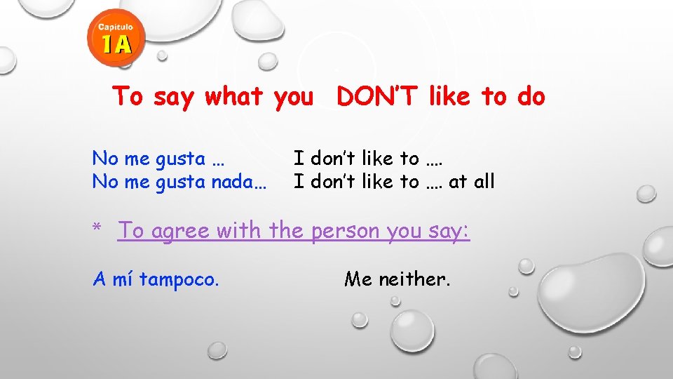 To say what you DON’T like to do No me gusta … No me