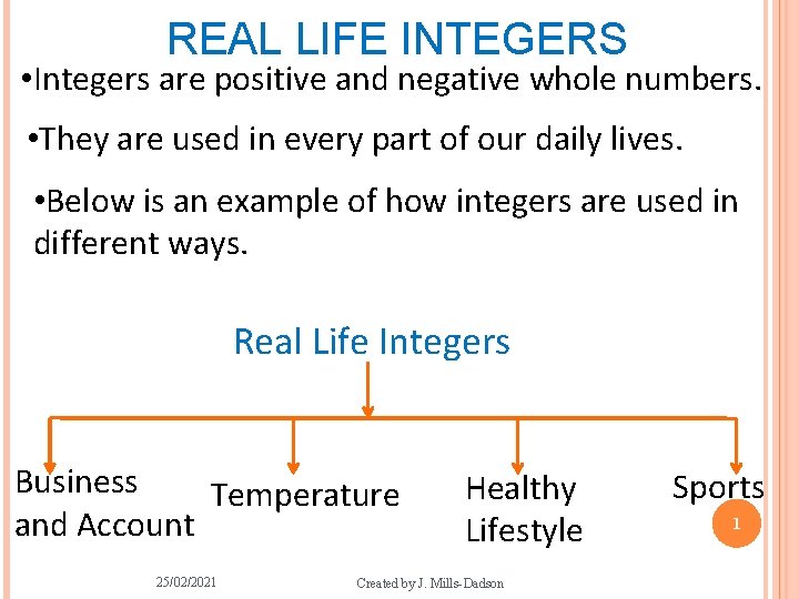 REAL LIFE INTEGERS • Integers are positive and negative whole numbers. • They are