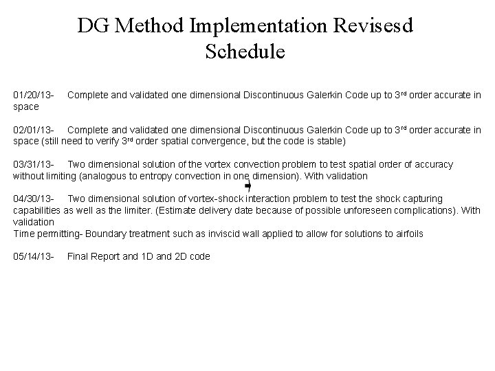 DG Method Implementation Revisesd Schedule 01/20/13 space Complete and validated one dimensional Discontinuous Galerkin