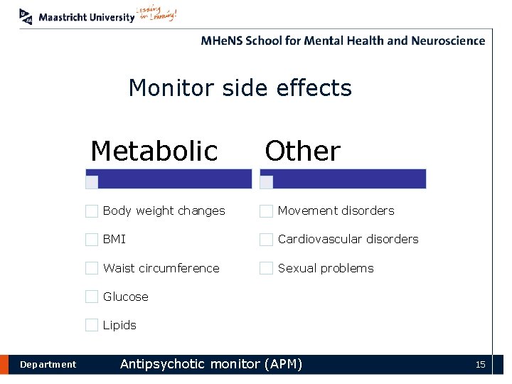 Monitor side effects Metabolic Other Body weight changes Movement disorders BMI Cardiovascular disorders Waist