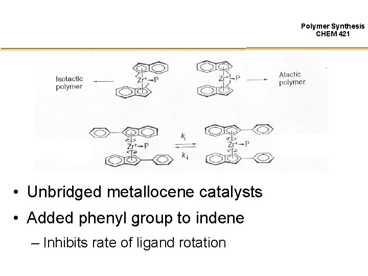 Polymer Synthesis CHEM 421 • Unbridged metallocene catalysts • Added phenyl group to indene