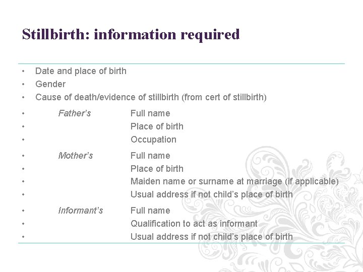 Stillbirth: information required • • • Date and place of birth Gender Cause of Stillbirth: information required • • • Date and place of birth Gender Cause of