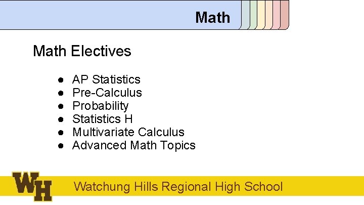 Math Electives ● ● ● AP Statistics Pre-Calculus Probability Statistics H Multivariate Calculus Advanced