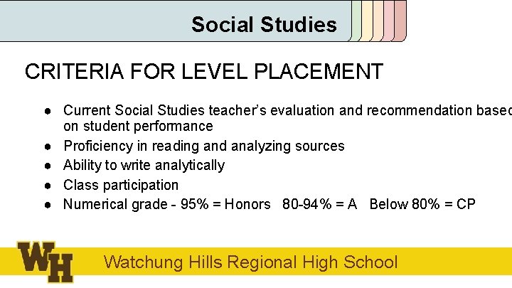 Social Studies CRITERIA FOR LEVEL PLACEMENT ● Current Social Studies teacher’s evaluation and recommendation
