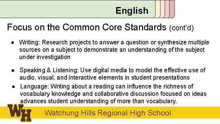 English Focus on the Common Core Standards (cont’d) ● Writing: Research projects to answer