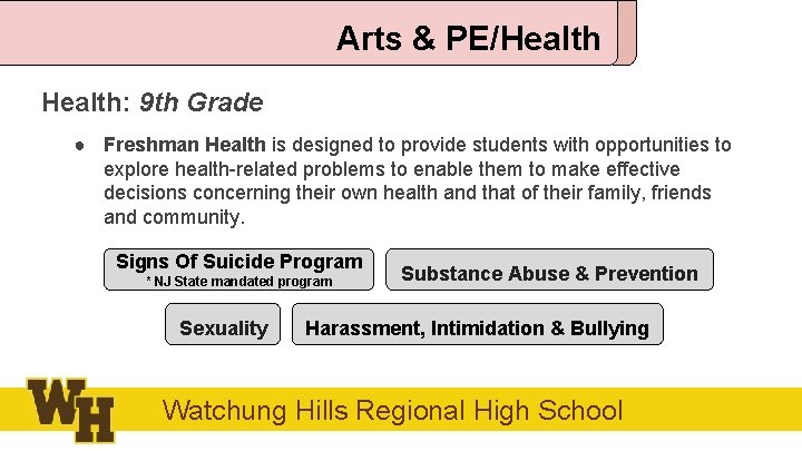 Arts & PE/Health: 9 th Grade ● Freshman Health is designed to provide students