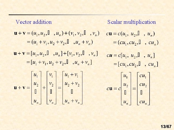 Vector addition Scalar multiplication 13/67 