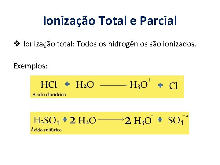 Ionização Total e Parcial v Ionização total: Todos os hidrogênios são ionizados. Exemplos: 
