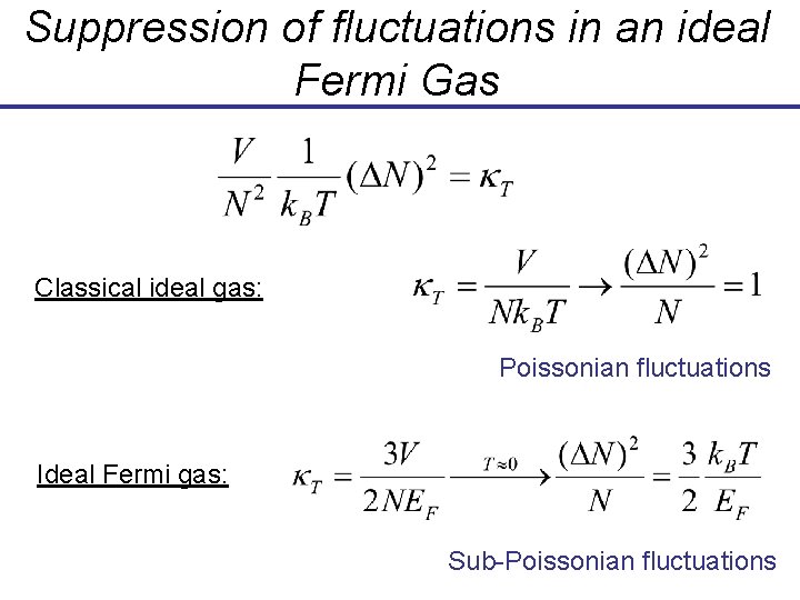 Suppression of fluctuations in an ideal Fermi Gas Classical ideal gas: Poissonian fluctuations Ideal Suppression of fluctuations in an ideal Fermi Gas Classical ideal gas: Poissonian fluctuations Ideal