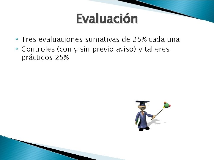 Evaluación Tres evaluaciones sumativas de 25% cada una Controles (con y sin previo aviso)