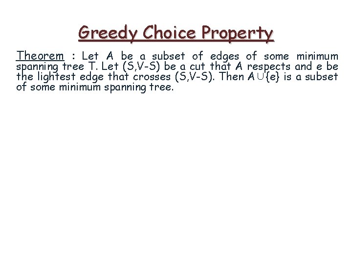 Greedy Choice Property Theorem : Let A be a subset of edges of some Greedy Choice Property Theorem : Let A be a subset of edges of some