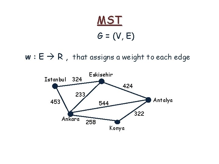 MST G = (V, E) w : E R , that assigns a weight MST G = (V, E) w : E R , that assigns a weight
