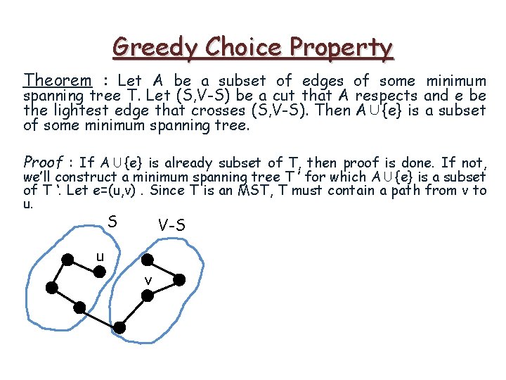 Greedy Choice Property Theorem : Let A be a subset of edges of some Greedy Choice Property Theorem : Let A be a subset of edges of some