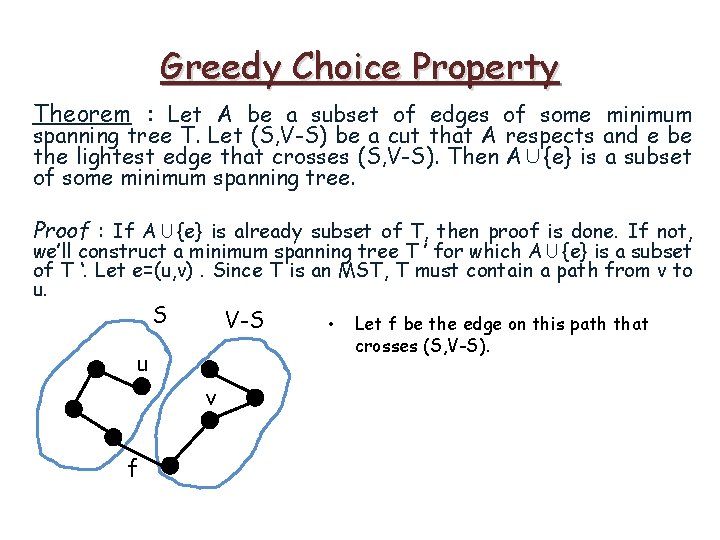 Greedy Choice Property Theorem : Let A be a subset of edges of some Greedy Choice Property Theorem : Let A be a subset of edges of some