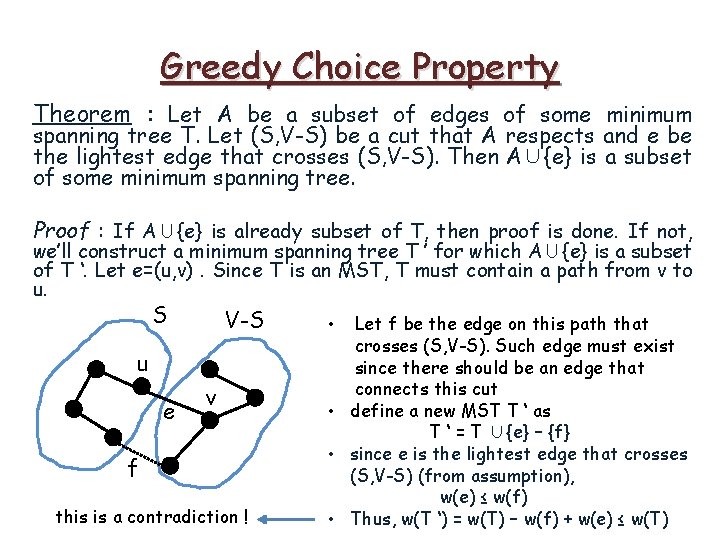 Greedy Choice Property Theorem : Let A be a subset of edges of some Greedy Choice Property Theorem : Let A be a subset of edges of some