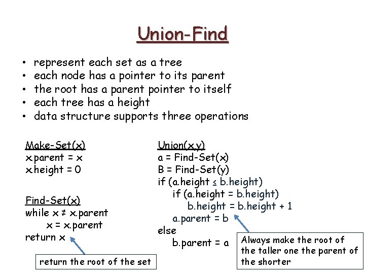 Union-Find • • • represent each set as a tree each node has a Union-Find • • • represent each set as a tree each node has a