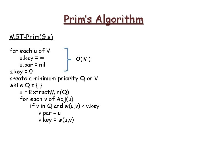 Prim’s Algorithm MST-Prim(G, s) for each u of V u. key = ∞ O(l. Prim’s Algorithm MST-Prim(G, s) for each u of V u. key = ∞ O(l.