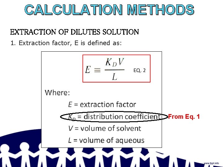 CALCULATION METHODS EXTRACTION OF DILUTES SOLUTION 1. Extraction factor, E is defined as: From