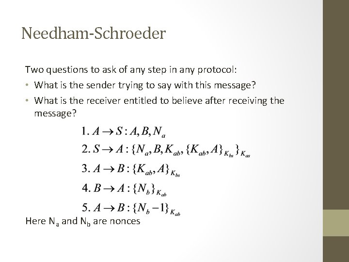 Needham-Schroeder Two questions to ask of any step in any protocol: • What is Needham-Schroeder Two questions to ask of any step in any protocol: • What is