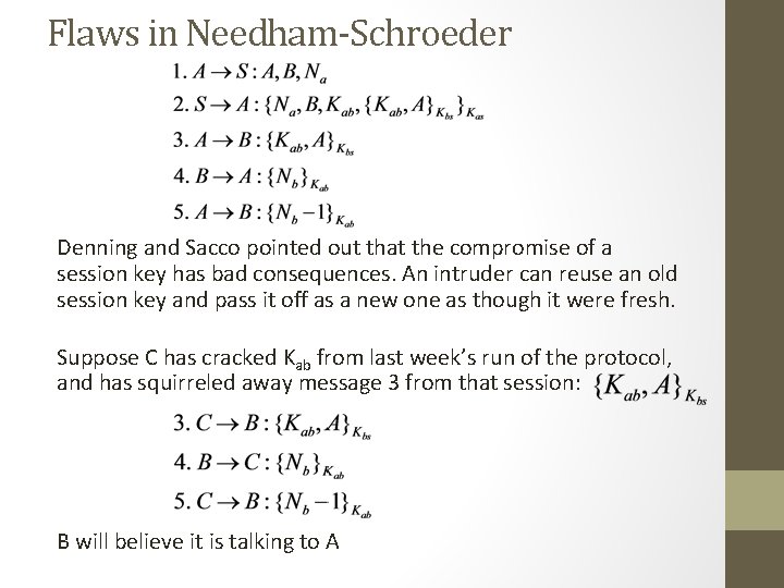 Flaws in Needham-Schroeder Denning and Sacco pointed out that the compromise of a session Flaws in Needham-Schroeder Denning and Sacco pointed out that the compromise of a session