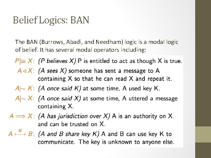 Belief Logics: BAN The BAN (Burrows, Abadi, and Needham) logic is a modal logic Belief Logics: BAN The BAN (Burrows, Abadi, and Needham) logic is a modal logic