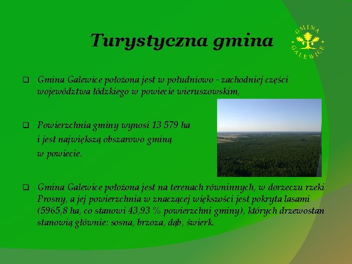 Turystyczna gmina q Gmina Galewice położona jest w południowo - zachodniej części województwa łódzkiego
