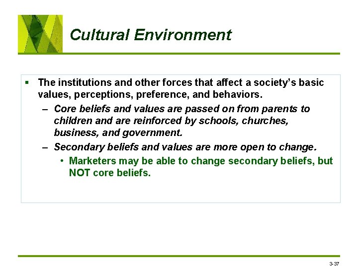 Cultural Environment § The institutions and other forces that affect a society’s basic values,